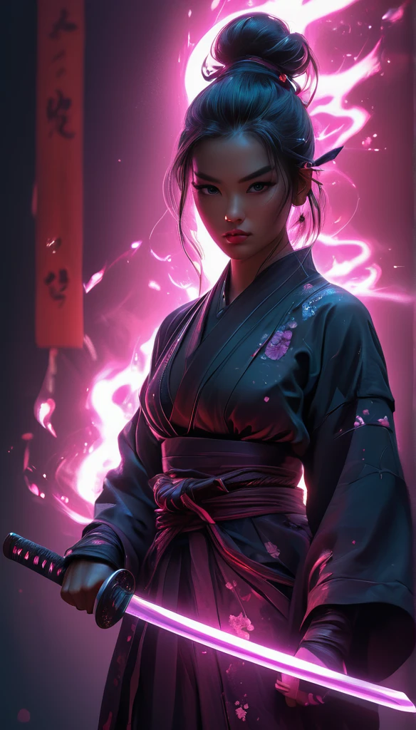 samurai, Mujer de 25 años, hyperrealism, Piel muy detallada, 4k,,, AshleyWoodArtAI,, foto de perfil de katana, Pintura orgánica, Noche, pintura mate, formas atrevidas, bordes duros, arte callejero, Tendencia en ArtStation, Por Huang Guangjian y Gil Elvgren y Sachin Teng, Brillo, katana