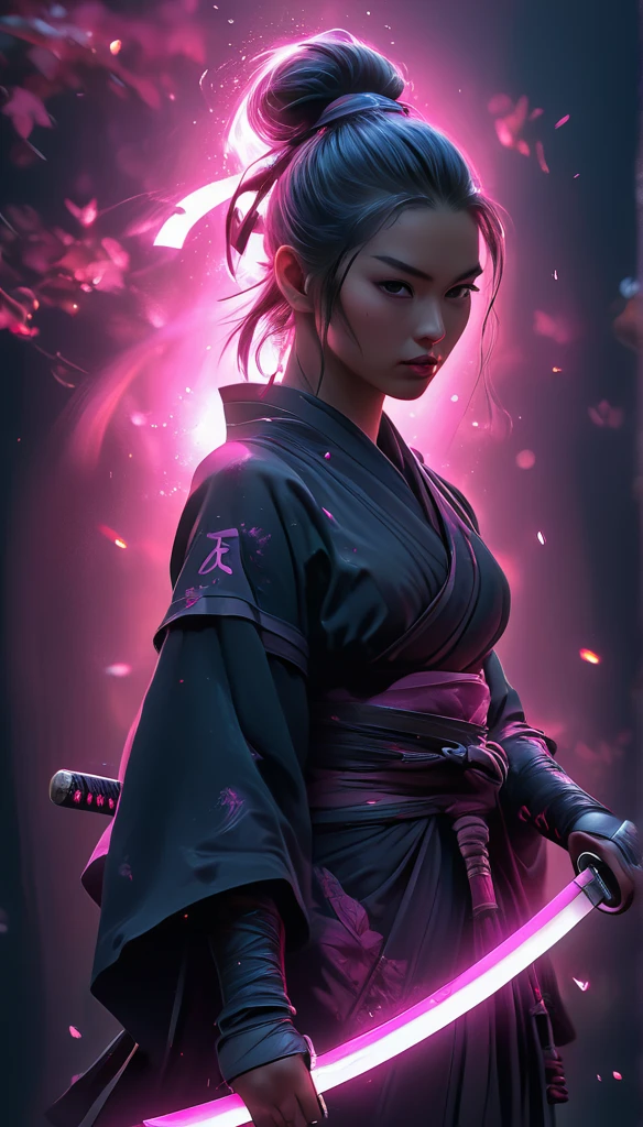 samurai, Mujer de 25 años, hyperrealism, Piel muy detallada, 4k,,, AshleyWoodArtAI,, foto de perfil de katana, Pintura orgánica, Noche, pintura mate, formas atrevidas, bordes duros, arte callejero, Tendencia en ArtStation, Por Huang Guangjian y Gil Elvgren y Sachin Teng, Brillo, katana