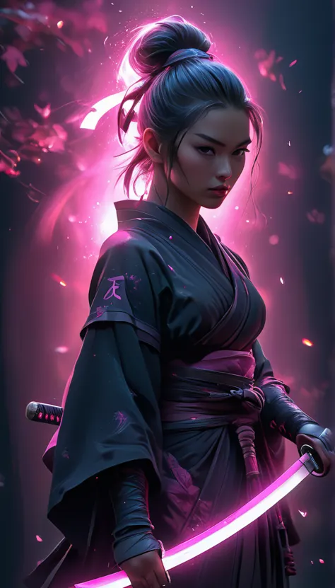 samurai, 25yo woman, hyperrealism, very detailed skin, 4k,,, ashleywoodartai,, katana profile picture, organic painting, night t...