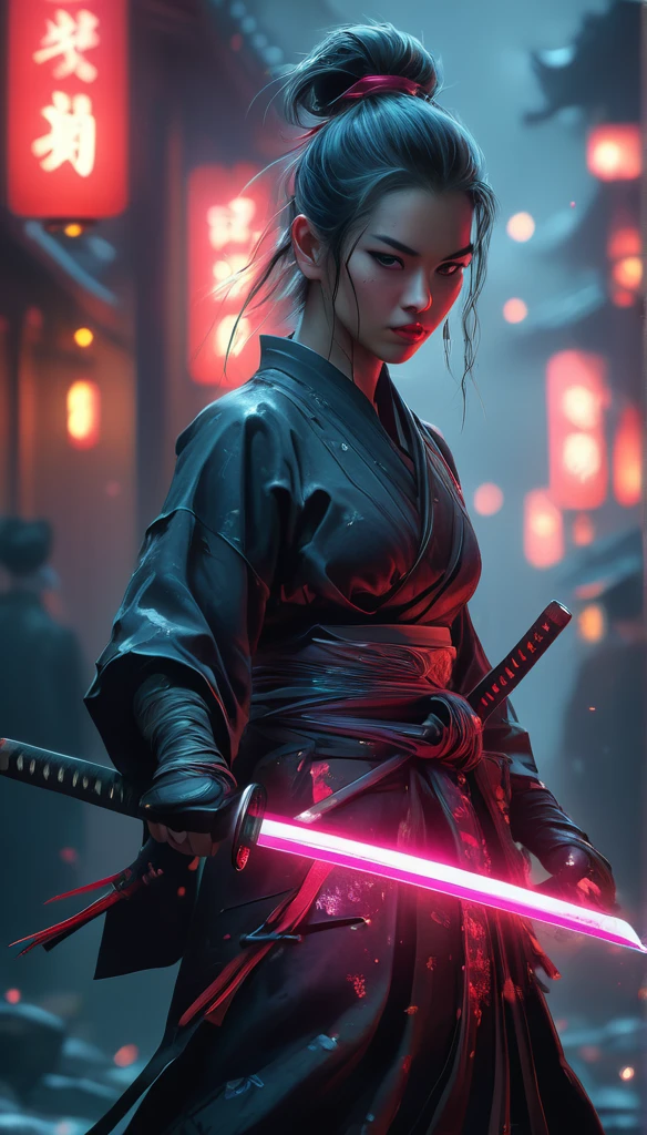 samurai, Mujer de 25 años, hyperrealism, Piel muy detallada, 4k,,, AshleyWoodArtAI,, foto de perfil de katana, Pintura orgánica, Noche, pintura mate, formas atrevidas, bordes duros, arte callejero, Tendencia en ArtStation, Por Huang Guangjian y Gil Elvgren y Sachin Teng, Brillo, katana