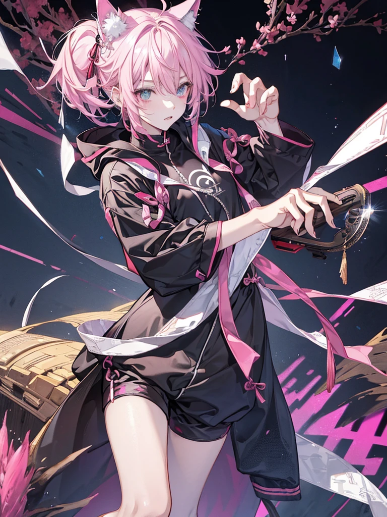 male性、Cat ear、hoodie、In the background, there are lights.、Pink and black gradient hair、Eye patch、Short Hair、Black clothes、low length、Handsome、male、Loungewear、