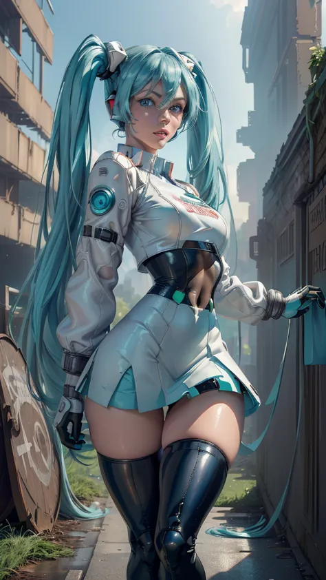 (the best quality,a high resolution,ultra - detailed,actual), miku hatsune, ,(ruined alley tokyo cyberpunk dungeon ruins backgro...