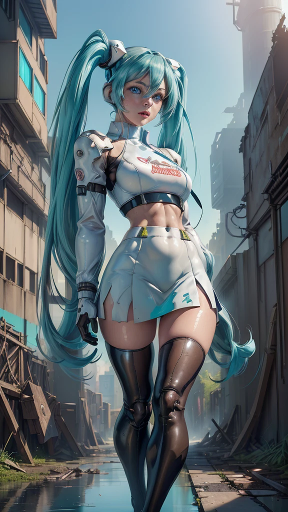 (The best quality,A high resolution,Ultra - detailed,actual), Miku Hatsune, ,(Ruined alley Tokyo cyberpunk dungeon ruins background :1.4 ), big breasts, dynamic pose , (green hair twin tails) ,(short white mini skirt:1.4), very long hair) , Put your arms behind your back, (Beautiful blue eyes:1.4) , relaxed face, eyebrow hair, shiny hair,,(Ruined dungeon ruins background:1.4 ), shiny skin, a slight smile, Racing Miku, black body, short jacket, White jacket, long sleeve, two tone gloves, thigh high boots,,(Ruined dungeon ruins background nublado lluvia :1.4 ),(masterpiece: 1.4), (8k, realist, raw photo, The best quality: 1.4),(Miku Hatsune:1.4), (Miku-hatsune V2.1), (Face details: 1.5, (beautiful blue eyes :1.4) , (beautiful face, thin lips: 1.5) , delgado, pale and sharp eyebrows, long, dark eyelashes, double eyelashes),perfect hands: 1.5, (Kinematics V2.1),( dynamic pose), (Perfect anatomy), (detailed face :1.4), (not mutations) 