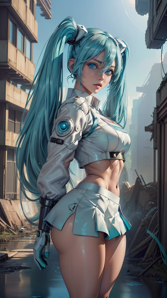 (The best quality,A high resolution,Ultra - detailed,actual), Miku Hatsune, ,(Ruined alley Tokyo cyberpunk dungeon ruins background :1.4 ), big breasts, dynamic pose , (green hair twin tails) ,(short white mini skirt:1.4), very long hair) , Put your arms behind your back, (Beautiful blue eyes:1.4) , relaxed face, eyebrow hair, shiny hair,,(Ruined dungeon ruins background:1.4 ), shiny skin, a slight smile, Racing Miku, black body, short jacket, White jacket, long sleeve, two tone gloves, thigh high boots,,(Ruined dungeon ruins background nublado lluvia :1.4 ),(masterpiece: 1.4), (8k, realist, raw photo, The best quality: 1.4),(Miku Hatsune:1.4), (Miku-hatsune V2.1), (Face details: 1.5, (beautiful blue eyes :1.4) , (beautiful face, thin lips: 1.5) , delgado, pale and sharp eyebrows, long, dark eyelashes, double eyelashes),perfect hands: 1.5, (Kinematics V2.1),( dynamic pose), (Perfect anatomy), (detailed face :1.4), (not mutations) 