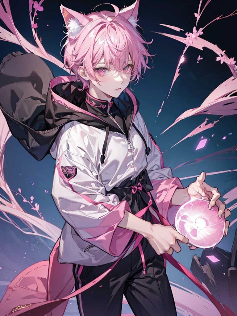 male、Cat ear、hoodie、In the background, there are lights.、Pink and black gradient hair、Eye patch、Short Hair、Black clothes、low length、Handsome、Loungewear、