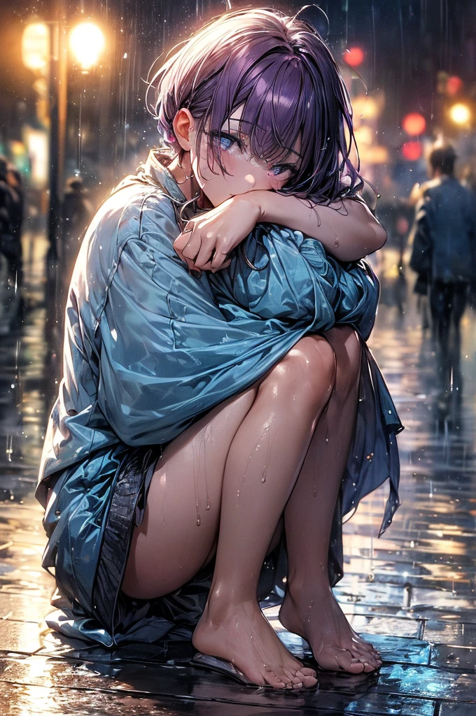 (amazing detail, amazing eyes masterpiece, best quality:2.0, depth of field hdr 8k 4k wallpaper cinematic angle, cinematic lighting:1.5), (master quality, amazing detail, amazing eyes), 1girl, out at night in the pouring rain wearing nothing but her teal-coloured pyjama top, pyjama top is coloured teal, extremely detailed purple eyes, depressed expression, extreme detail, sat on the ground with her knees up, cuddling her knees, short purple hair, 17-year-old, young woman, outside, very small B-cup breasts, lots of raindrops, heavy rain, soaking wet, sat cradled on the ground, huddled, dark, very dark night, only light source is a street light, naked, teal clothing, pavement, sidewalk, dull light, sitting on her bum, bum on the ground, knees up in front of her, naked, barefoot, sat on the floor, cuddling her own legs, dark purple eyes, purple eyes, 