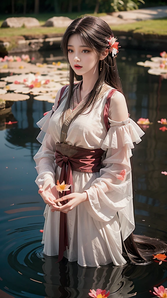 A girl with long black hair, Layered Shoulders, Standing in a Pond, Exposed in White Coarse Net, Transparent Chiffon, Almost Invisible Bust, Lively Bust, Abstract Watercolor Flowers:1.2), Pink petals background, Pink and White Flowers Drifting (actual:1.4), black hair, fallen leaves, clean background, High Gloss; photo