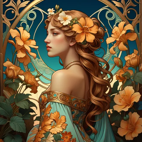 old (masterpiece, best quality, highres:1.2) art nouveau style beautiful woman with long hair shaped as flowers in the style of ...