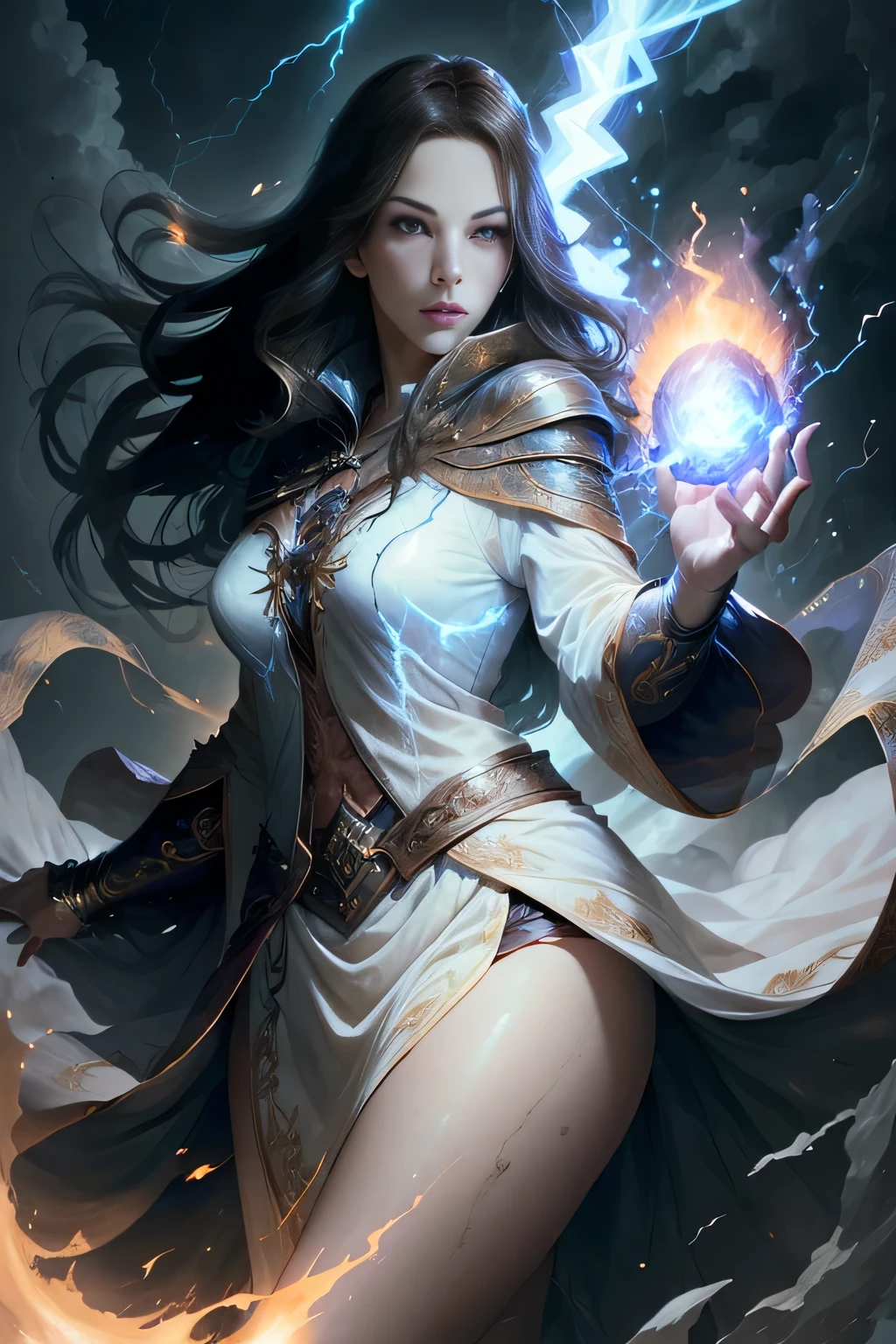 1 beautiful woman "Liv Tyler"，(Caucasian skin)， fire storm, Lightning in the hand, a skirt,glowing light eyes，light in eyes