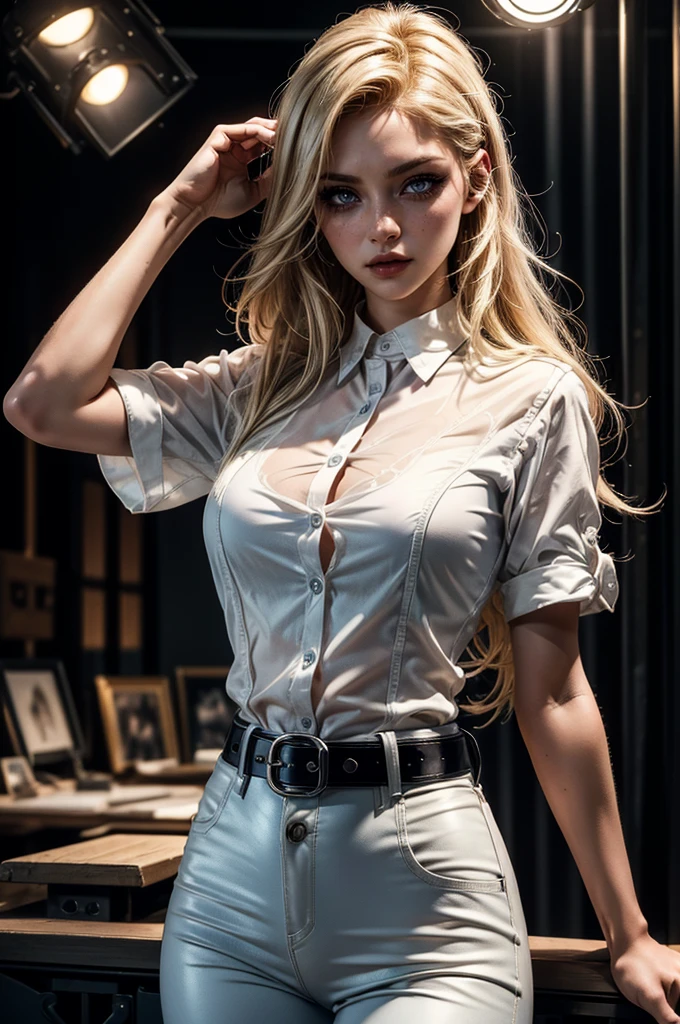 cowboy shot,a pretty 21 year old girl,blond hair,blue eyes,lora_Emma,slim athletic body,tight and stretched white blouse with buttons,button gap,short sleeves,black latex pants,metal belt,empty studio,(best quality,4k,8k,highres,masterpiece:1.2),ultra-detailed,(realistic,photorealistic,photo-realistic:1.37),dramatic lighting,cinematic,fashion photography,studio lighting,high contrast,vivid colors,beautiful detailed eyes,beautiful detailed lips,extremely detailed eyes and face,long eyelashes, touching hair