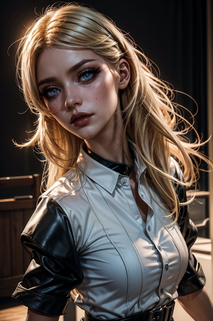 cowboy shot,a pretty 21 year old girl,blond hair,blue eyes,lora_Emma,slim athletic body,tight and stretched white blouse with buttons,button gap,short sleeves,black latex pants,metal belt,empty studio,(best quality,4k,8k,highres,masterpiece:1.2),ultra-detailed,(realistic,photorealistic,photo-realistic:1.37),dramatic lighting,cinematic,fashion photography,studio lighting,high contrast,vivid colors,beautiful detailed eyes,beautiful detailed lips,extremely detailed eyes and face,long eyelashes, touching hair