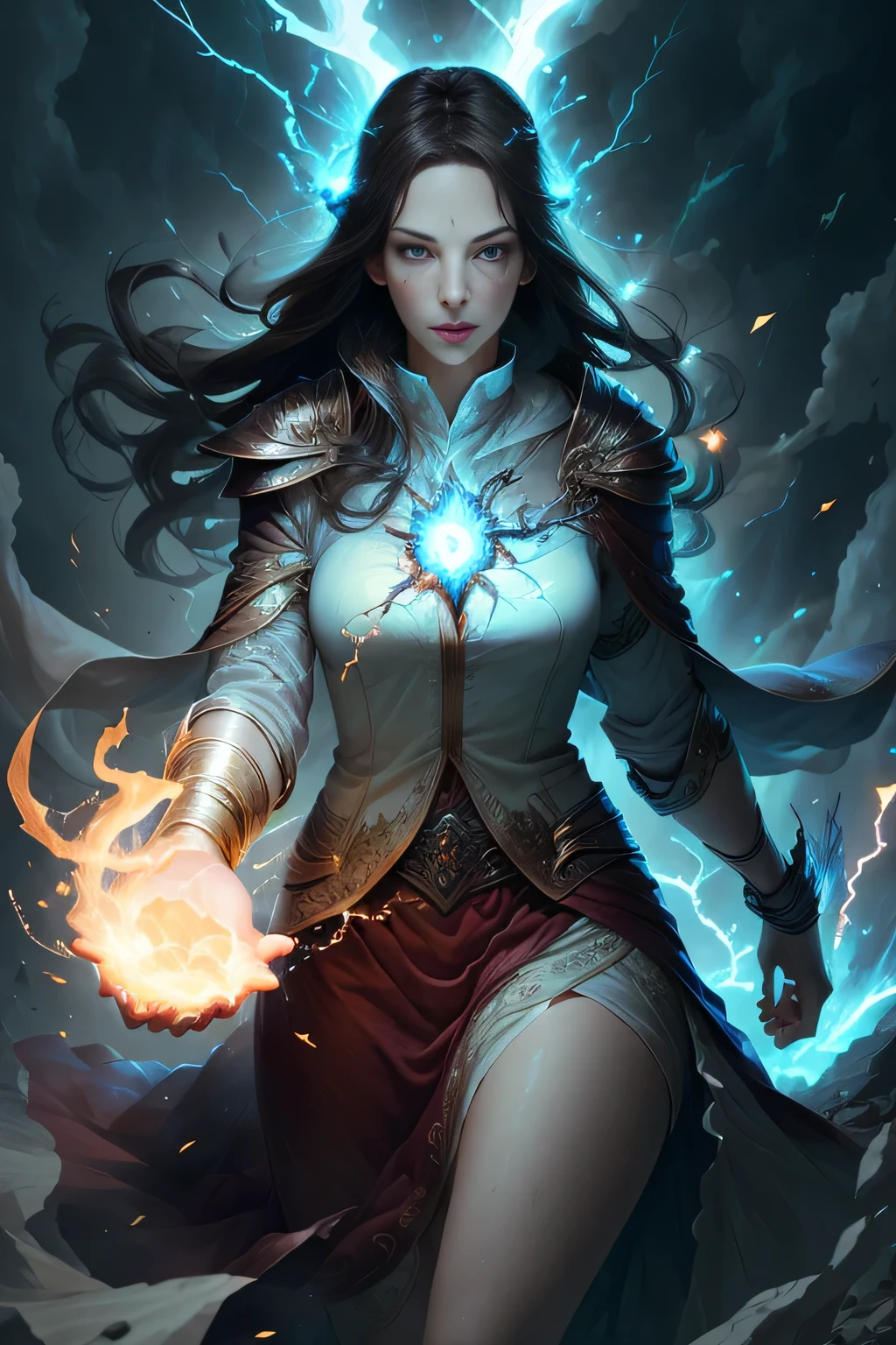 1 beautiful woman "Liv Tyler"，(Caucasian skin)， fire storm, Lightning in the hand, a skirt,glowing light eyes，light in eyes