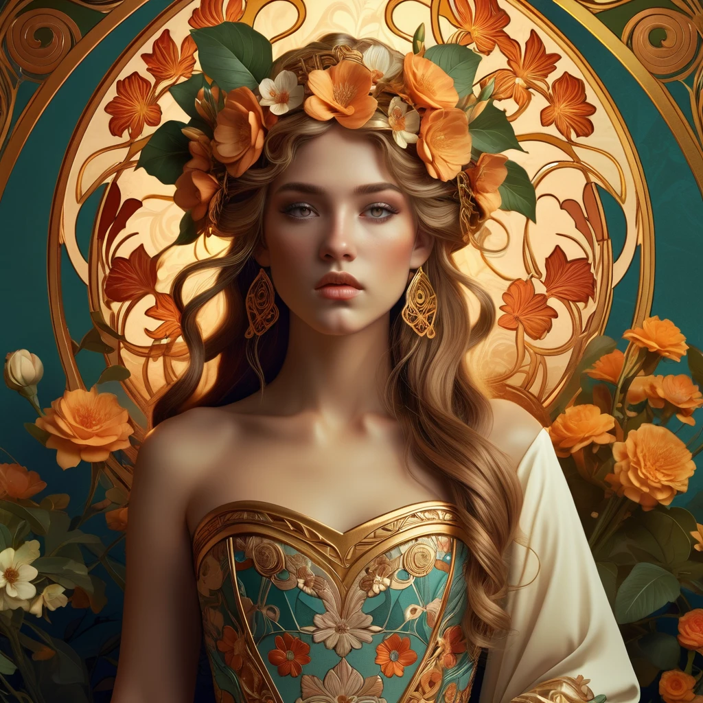 old (Masterpiece, Best Quality, Highres:1.2) Art Nouveau Style Beautiful Woman with Long Hair Shaped as Flowers in the Style of Alphonse Mucha, portrait of a beautiful cute, very beautiful, standing artistically, realistic natural, professional light distribution, very artistic lighting gradation, artistic detail, highly detailed, centered, Nymph-pattern vintage wallpaper with dramatic backlighting casting deep shadows, featuring a meticulously crafted illustration inspired by Dan Mumford and Alphonse Mucha, , realistic chest, thin build, hyper-realistic and photorealistic textures, extremely detailed with intricate floral and foliage elements, octane rendered in 8K (extremely detailed 8k wallpaper), Golden ratio, hidden ancient Greek symbols (, Spiral), balanced design, color harmony, Vernis Martin, golden, ancient mythology, artistically twisted edges, reminiscent of old-world craftsmanship with a contemporary edge, volumetric lighting, ultra fine details, floral, .Roman clothing. She wears a  Strapless dress, Roman dress, Open Chest and elegant embroidery, Oriental accessories.
