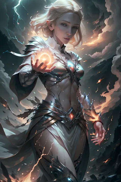 1 beautiful woman "cate blanchett"，(caucasian skin)， fire storm, lightning in the hand, a skirt,glowing light eyes，light in eyes