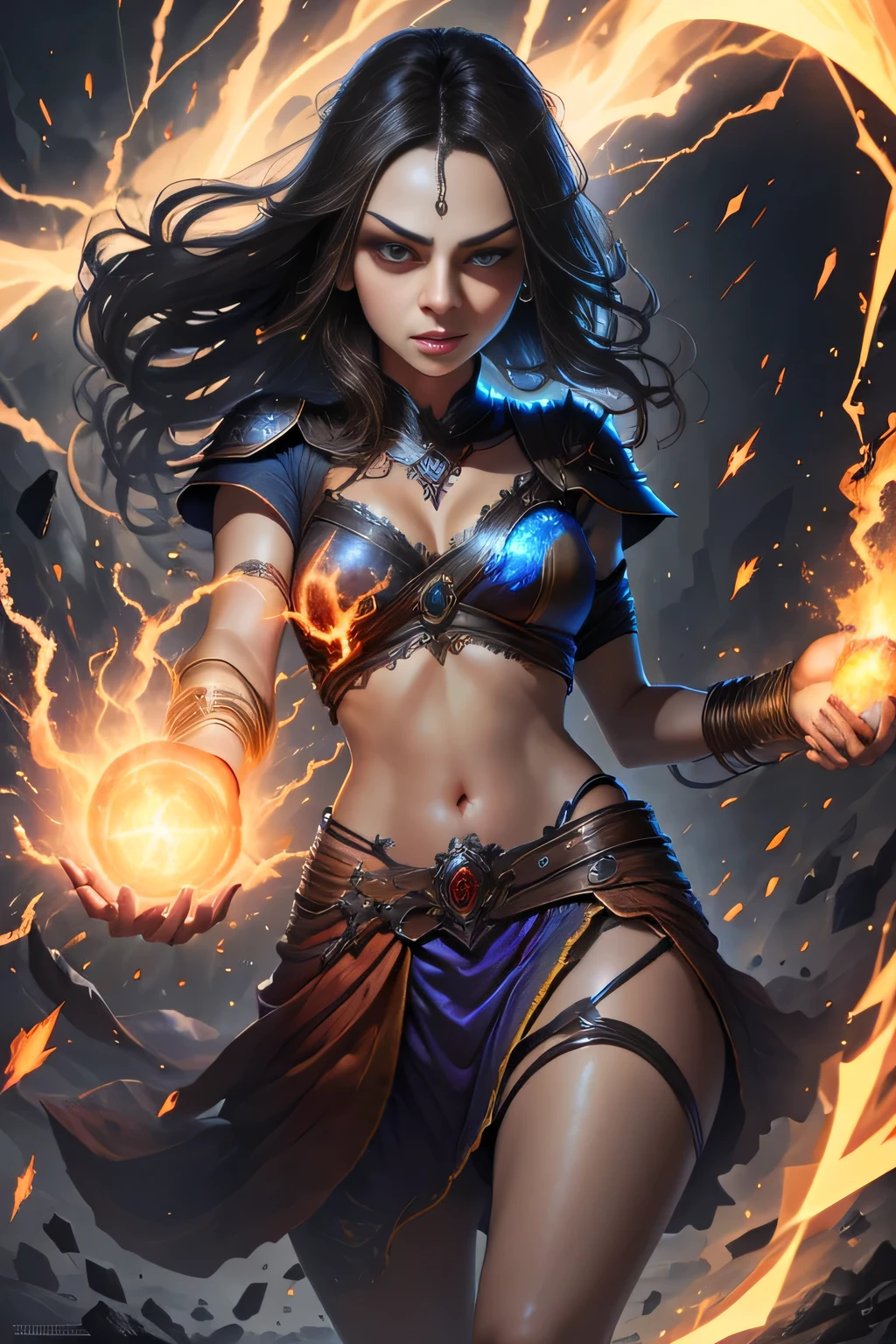 1 beautiful woman "mila kunis"，(Caucasian skin)， fire storm, Lightning in the hand, a skirt,glowing light eyes，light in eyes