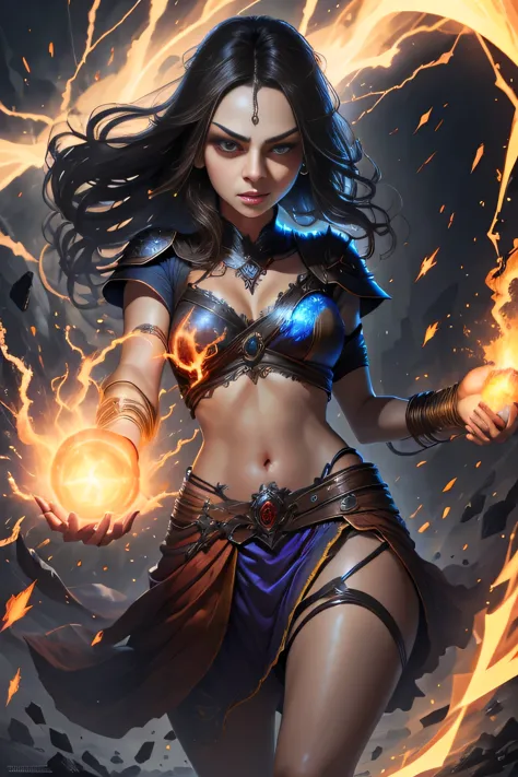 1 beautiful woman "mila kunis"，(caucasian skin)， fire storm, lightning in the hand, a skirt,glowing light eyes，light in eyes