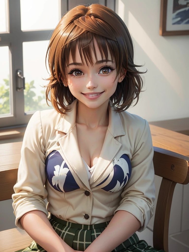 masterpiece, highest quality, High resolution,Ultra-detailed, Stunningly beautiful woman,１People Girls, (Beautiful girls, Delicate girl:1.4),break, (21 years old:1.4), break,(gray coat,Navy Blue Blazer,White shirt,Navy Skirt),High definition skin,Extremely fine grain definition,(Symmetrical eyes:1.3), break,(Inside the company:1.3),break,Small breasts,Brown eyes,ponytail,brown hair,(Eye and facial details:1.3),break,(A smile that shows white teeth:1.3),break,pose sitting on a chair,