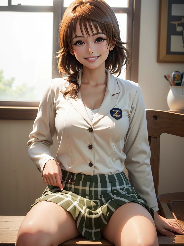 masterpiece, highest quality, High resolution,Ultra-detailed, Stunningly beautiful woman,１People Girls, (Beautiful girls, Delicate girl:1.4),break, (21 years old:1.4), break,(gray coat,Navy Blue Blazer,White shirt,Navy Skirt),High definition skin,Extremely fine grain definition,(Symmetrical eyes:1.3), break,(Inside the company:1.3),break,Small breasts,Brown eyes,ponytail,brown hair,(Eye and facial details:1.3),break,(A smile that shows white teeth:1.3),break,pose sitting on a chair,