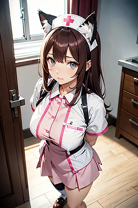 a beautiful woman with cat ears wearing a nurse's uniform, kawaii. she has long pink-brown hair with beast ears. 2.5d anime, sta...