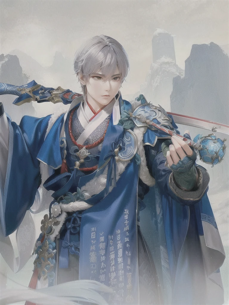 anime character dressed in blue holding a sword and a sword, zhao yun, heise jinyao, inspired by Guan Daosheng, inspired by Bian Shoumin, inspired by Zhao Yuan, cai xukun, inspirado em Hong Ren, inspired by Dong Yuan, g liulian art style, inspired by Zhang Han, chinese fantasy, inspired by Cao Zhibai