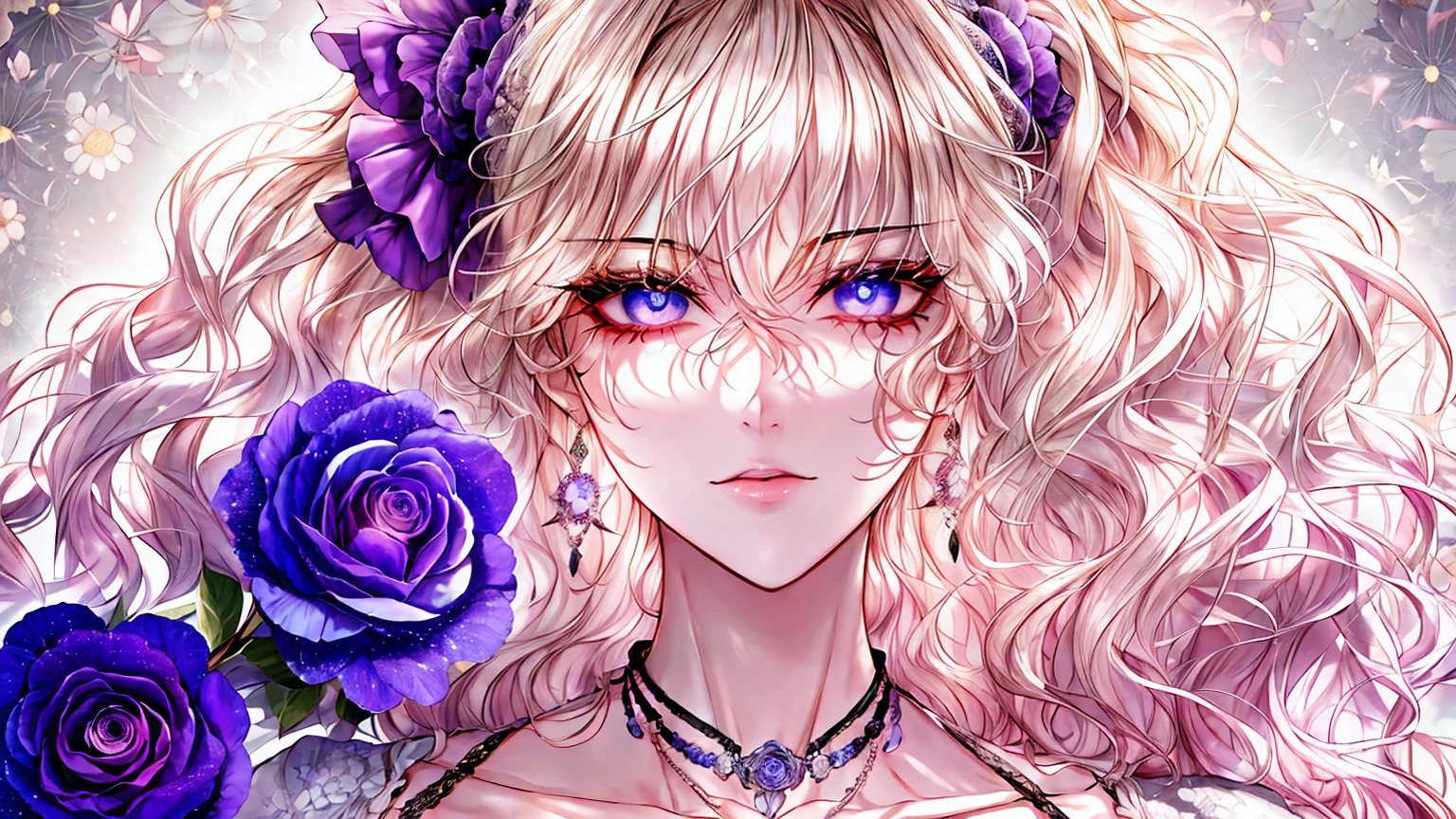 Kuroume_1024, ((shoujo-style, floral background, romance manhwa)), (close up), (1girl:1.2), platinum-blonde hair, solo, long hair, flower, dress, thick eyeblows, blue flower, wavy hair, closed mouth, collarbone, breast, cleavage, puffy sleeve, white dress, purple dress, elbow gloves, earrings, necklace, hair bow, face focus, beautiful face, detailed eyes, pupil, looking at viewer