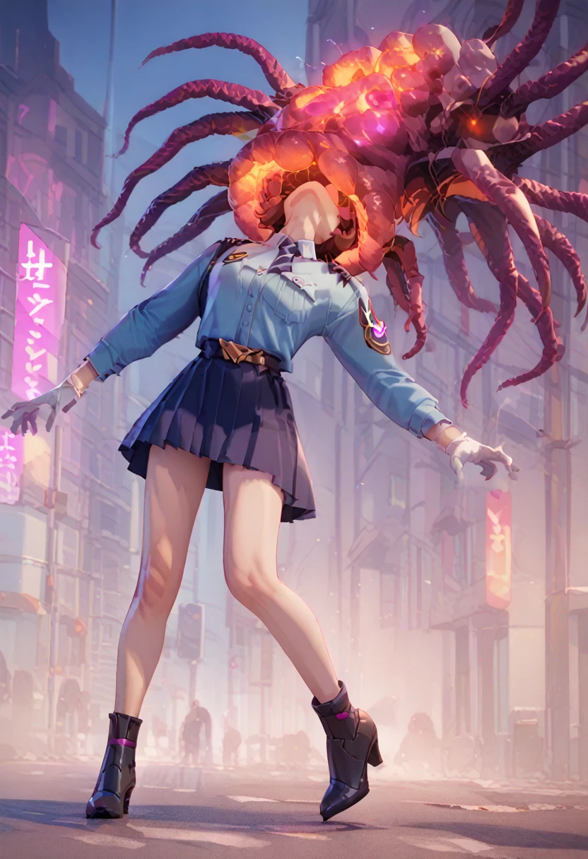 score_9, score_8_up, score_7_up, 1girl, solo focus, officerdva, d.va (overwatch), white gloves, high waisted skirt, bodycon miniskirt, city downtown, long sleeves, high heels,score_9,score_8_up,score_7_up BREAK neaparasite,glowing,monster,(tentacle_sex),lying on back from side profile view wide shot,h3ad,(((headless))),city,moon
