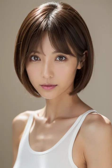 japanese, short stature woman,  physique, short arm, long slit eyes, fleeting atmosphere, 30 year old, brown bob hair, ((thin li...