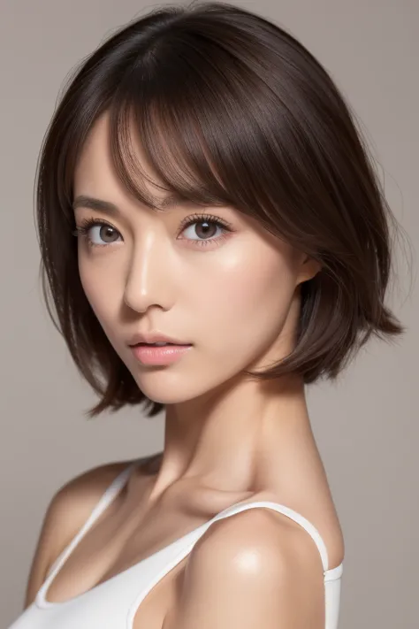 japanese, short stature woman,  physique, short arm, long slit eyes, fleeting atmosphere, 30 year old, brown bob hair, ((thin li...