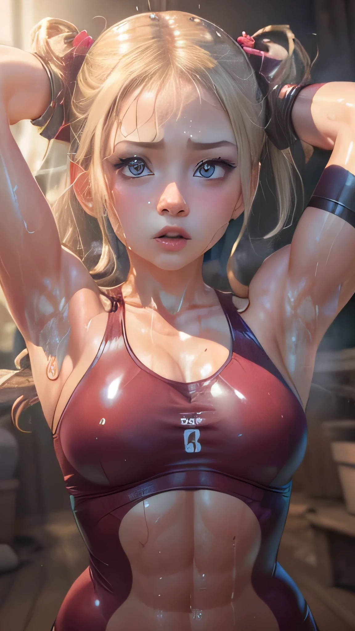 長くて淡い色の髪，ダブルツインテール、(sweaty skin)、 (Highest quality, 8k, 32K, masterpiece, Ultra-high resolution:1.2)、blush、(Sweat:1.10)、((blush)),(((Shining Light))),accurate to the human body、Correct five-finger、Highly detailed face and skin texture, Natural neck length, (Beautiful Hands), Beautiful feet, (glossy lip gloss:1.3、Long eyelashes、Gloss Face) 、(((A seductive look of sweet seduction))),jewelry, View your audience, bracelet, (Oily skin、Glowing Skin、Realistic skin texture、Beautiful skin in every detail、Glowing Skin),latex、((((Annoyed))))、(((Sports ware)))、((((upper body)))),(looking at viewer)、((hands behind)),((((arm pit)))),(((arms up))),(((((((oily body))))))),((((((((sweat))))))))、(((shiny)))、((((latex))))、(((bad mood))),(((steam))),armspit focus,((((park))))