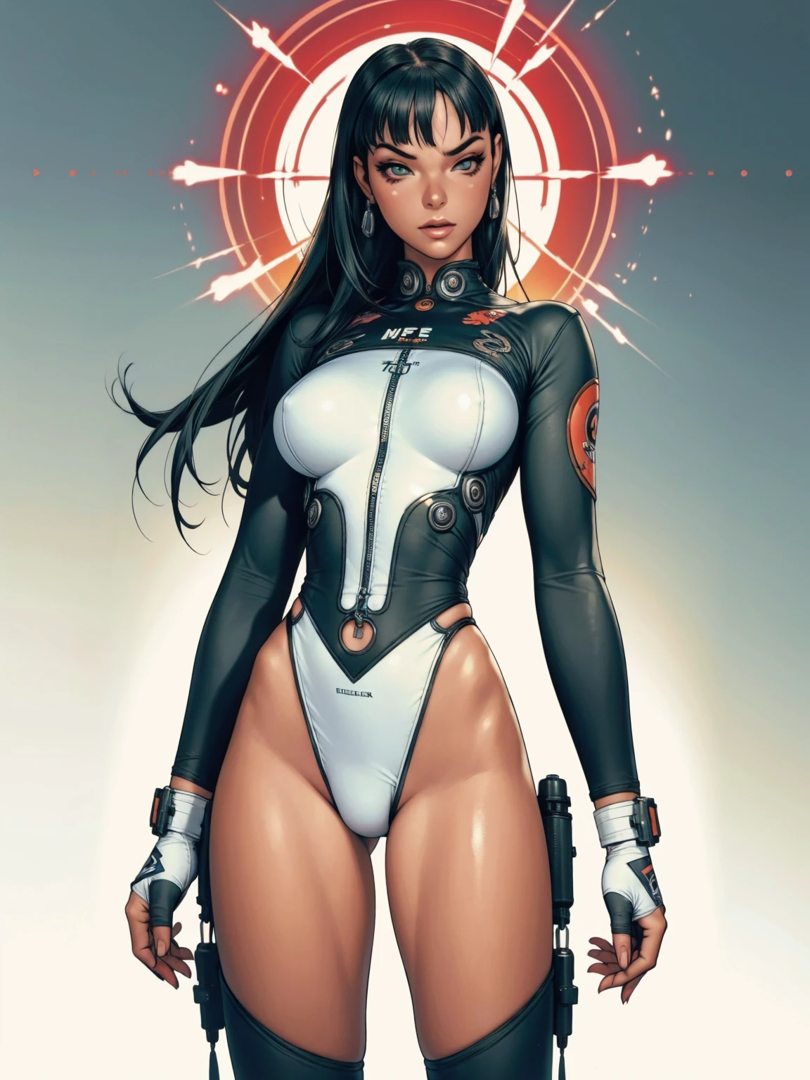 (((Bettie Page))), ((( nano suit ))), (((bandaged arms))), (((MMA fighter OF THE FUTURE))), ((high collar)), (((Quorra))), (((best qualityer: 1.4))), (Unbeatable masterpiece), (hiper HD),(CG 8k hyper-realistic), (((brave face))), (((breasts big))), (((hyper feminine))), sexly girl,（black bob hair)), ((( sculptural body ))), (((1 Kizi))), Kizi cibernética de 25 anos com perfectbody,,Beautiful and well-groomed face,muscular body:1.2,solid color detailed jacket, (Head to thigh photos)， Complex equipment, green dark，Long pants，Tight clothes are dark，With white stars and off-white stripes,,,,,Armor Metal Electronic Parts, Poison tattoos ) INFO, Kizi, (((standing alone))), pirralha violent, ((())), sexly, pose de atitude, work of art, post-apocalypse, (((manga style))), bounty hunter, violent, Manic, the way you want, slenderbody, thin but strong, perfectbody, roupa moderna, advanced technology, neon, sleeves with vertical striped pattern, neutral background, (( cowboy shot )). intricate visual