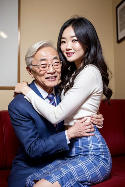 70 years old korean ugly man and 20 years old american white girl couple, big breasts, (１american girl、wavy and voluminous hair,...