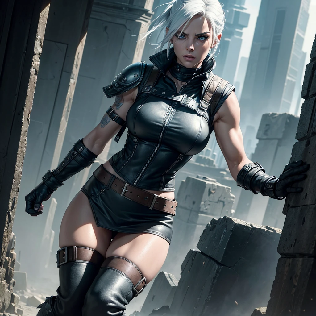 Narrator(((Full-length shot))),((Best quality)), ((masterpiece)),(detailed),muscular build and medium breasts .., wears an open black leather vest on a naked body.., black leather gloves, a short skirt and heavy boots. She has a punk rock look.Hyper-realistic close-up photo of Rose Wilson DC, blue eyes,white hair,SFW,FANTASIA,COMICS,(Photorealism: 1.4), Create dystopian masterpieces. Post-apocalyptic world. Pay attention to small details, sharp focus. The palms of the hands are clenched into fists.