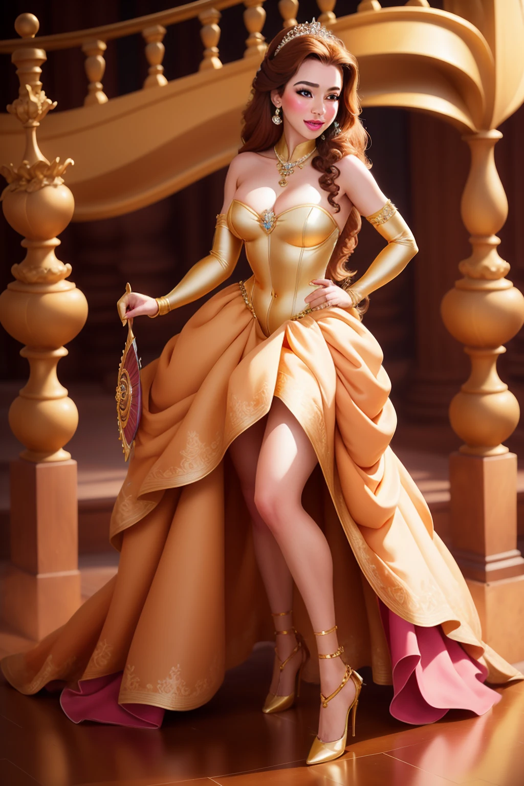 ((Full body photo, standing, feet on the floor)) belle, 1girl, solo, long hair, smile, brown hair, hair ornament, gloves, dress, bare shoulders, jewelry, flower, earrings, elbow gloves, hair flower, necklace, rose, hand fan, stairasterpiece:1.2), (best quality), (ultra detailed), (8k, 4k, intricate),(full-body-shot:1), (highly detailed:1.2),(detailed face:1.2), (detailed background),detailed landscape, (dynamic angle:1.2), (dynamic pose:1.2), princess Belle, nacked , short dress , full body look, wear heels 👠, Disney p