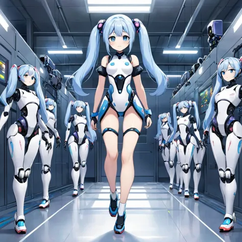 light blue long hair、beautiful girl with twin tails、there are many small robot girls lined up around.、robotics manufacturing lab...