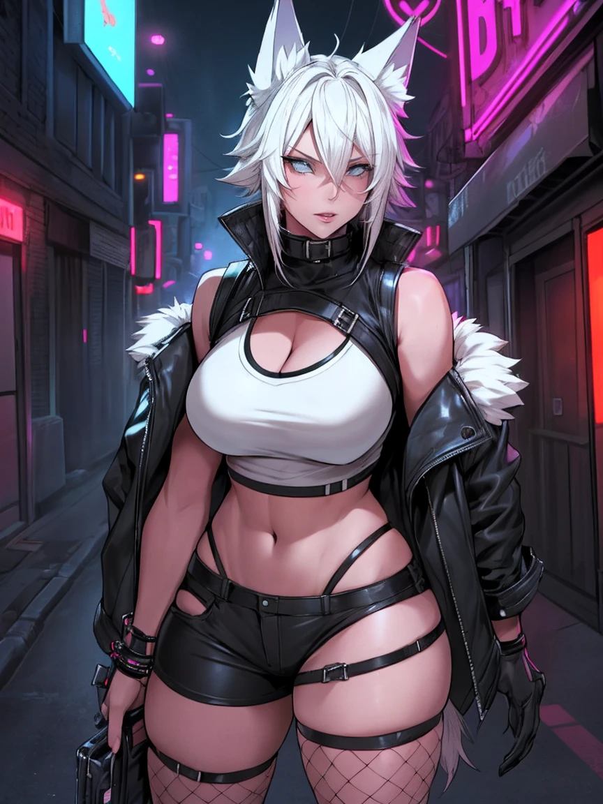 Single girl, Anime tomboy, Short, Long white hair, wolf ears, wolf tail, blue eyes, thigh high fishnets, black combat boots, wearing fur lined open jacket, short jacket, nude, solo tomboy, only one female ((big breasts)) solo, alone, (SOLO)(ALONE) thicc thighs, wide hips, blue eyes, perfect eyes, perfect face, full lips,white shirt, midriff, black cutoff shorts, perfect detailed face, (prostitution), (((prostitute))), standing, (redlight district), neon lights, bilboards, outside a brothel, cleavage,