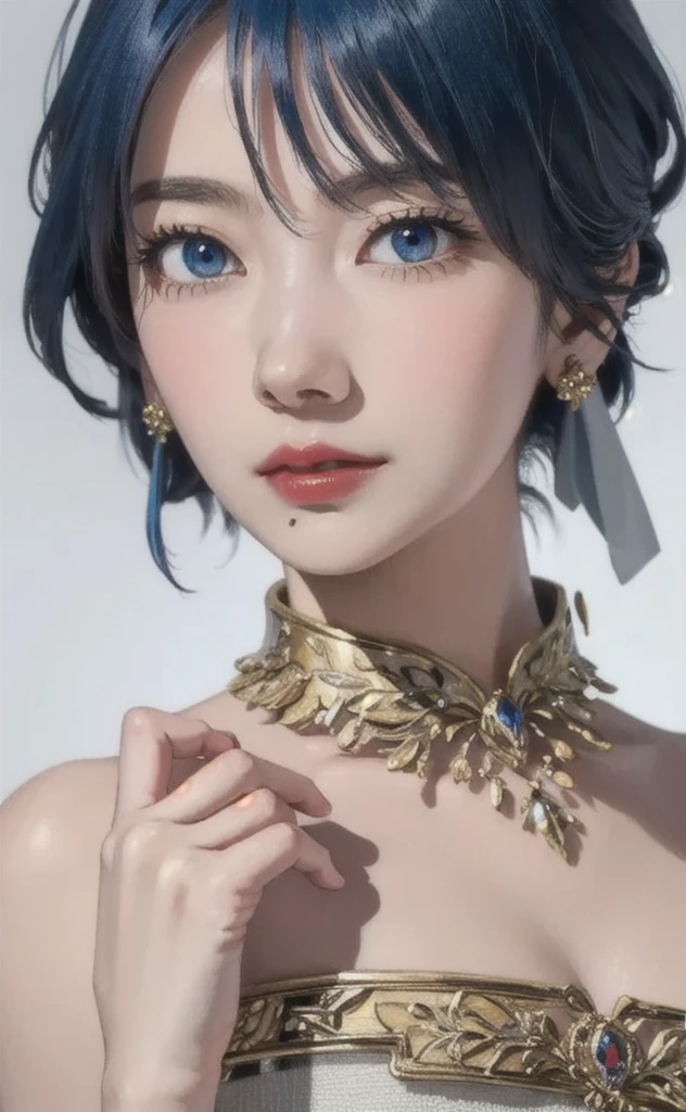 (masterpiece:1.4, Highest quality), (Intricate details), unity 8k wallpaper, Super detailed, beautifully、aesthetic, Perfect lighting, (One person), (Blue Hair, blue eye, Medium chest),, Dynamic pose, Dynamic Angle,  lipstick, slim, slim body, Medium chest, , Detailed Background, Realistic, alone, Face in perfect detail, detailed eye, Very detailed, blush, hair ornaments, rolling_eye, squint,