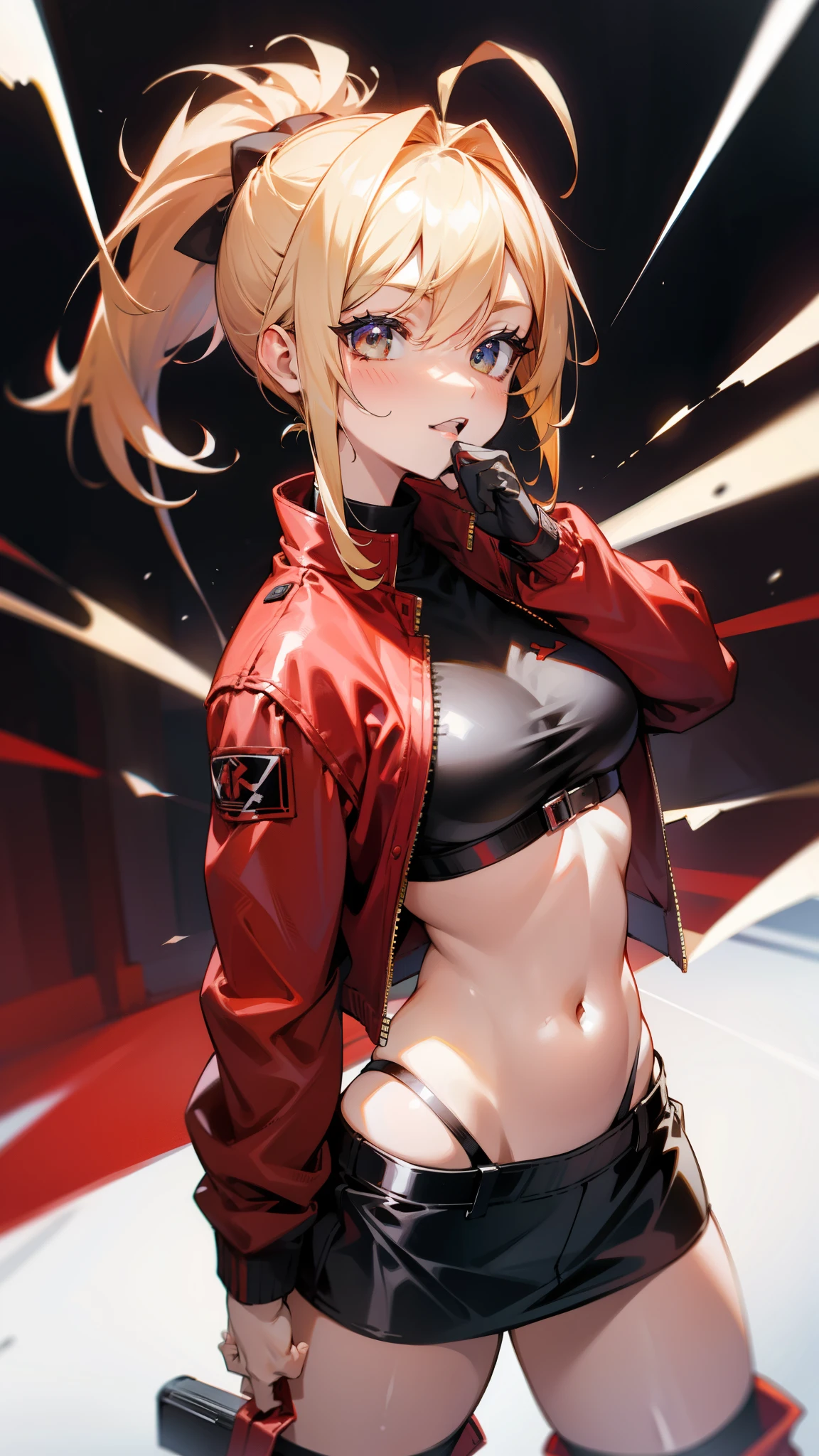 one person&#39;s、solo、Shiny blonde hair、ponytail、Red eyes full of joy、Ahoge、Wearing a red leather jacket、Inside the jacket is wearing a black sports bikini、Black mini skirt、Black boots、Cowboy Shot