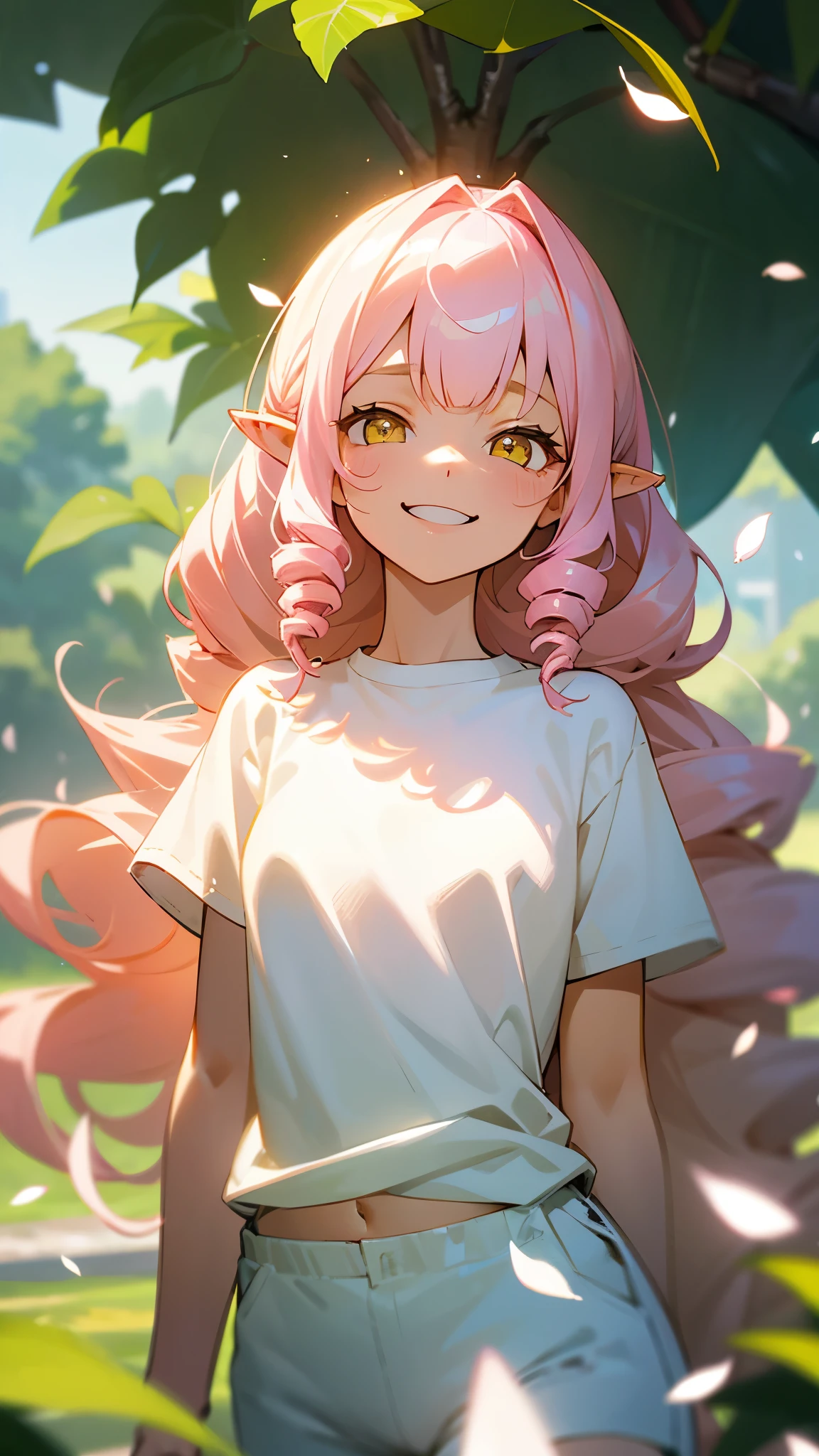 Girl、Long Hair Pink、Twin Drill, Bangs divided into left and right:1.5、Yellow Eyes、Pointy Ears、Grin、White T-shirt with ethnic pattern、White shorts、1 beautiful and delicate portrait、The background scenery is a garden where petals are scattering.、Soft lighting、Upper body close-up