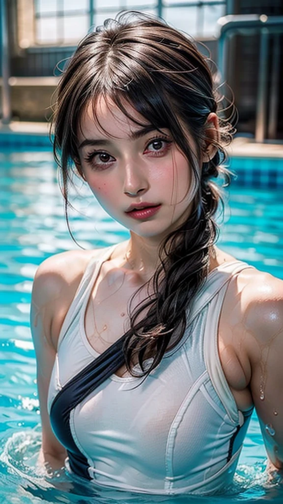 ((Beautiful Face:1.4)), (Purelos Face_v1: 1.0), (((Upper Body))),Highest quality, masterpiece, Ultra-high resolution, (Realistic: 1.4), RAW Photos, 1 person, Black Hair, Glowing Skin, Wet body, Dramatic lighting, whole body, (((One-piece swimsuit for athletes))), huge,