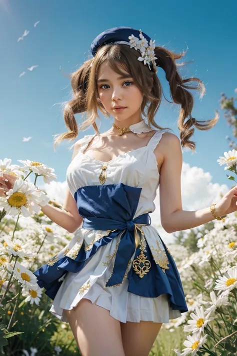 {charming anime girl with wavy, light brown hair adorned with white floral accessories and a navy blue hat with golden accents, ...