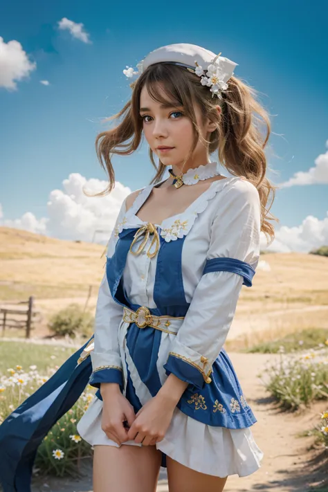 {charming anime girl with wavy, light brown hair adorned with white floral accessories and a navy blue hat with golden accents, ...