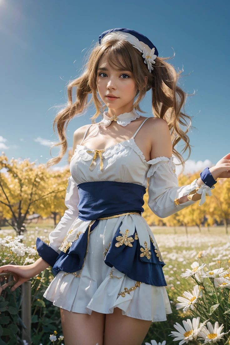 {Charming anime girl with wavy, light brown hair adorned with white floral accessories and a navy blue hat with golden accents, her bright blue eyes sparkle with delight:0.9}, {She wears a whimsical sailor dress in pristine white with navy blue and golden trim, a large bow with a cross motif at the collar, and a decorative blue sash around her waist. The outfit is embellished with intricate gold detailing and small charms, evoking a sense of enchantment:0.8}, [Set against a serene, early evening sky with gentle hues of blue and orange merging at the horizon, over a vibrant meadow blooming with white daisies, creating a peaceful and idyllic setting:0.7}, {The artwork is rendered in a clear and vivid anime style, capturing the soft textures of her hair and the delicate fabric of her dress, while the background blends a painterly touch to emphasize the magical, almost storybook quality of the scene:0.9},
{The overall composition is bright and airy, with a focus on high dynamic range that accentuates the light filtering through her hair and the reflective qualities of her eyes, enhancing the youthful and optimistic aura of the character:0.8}