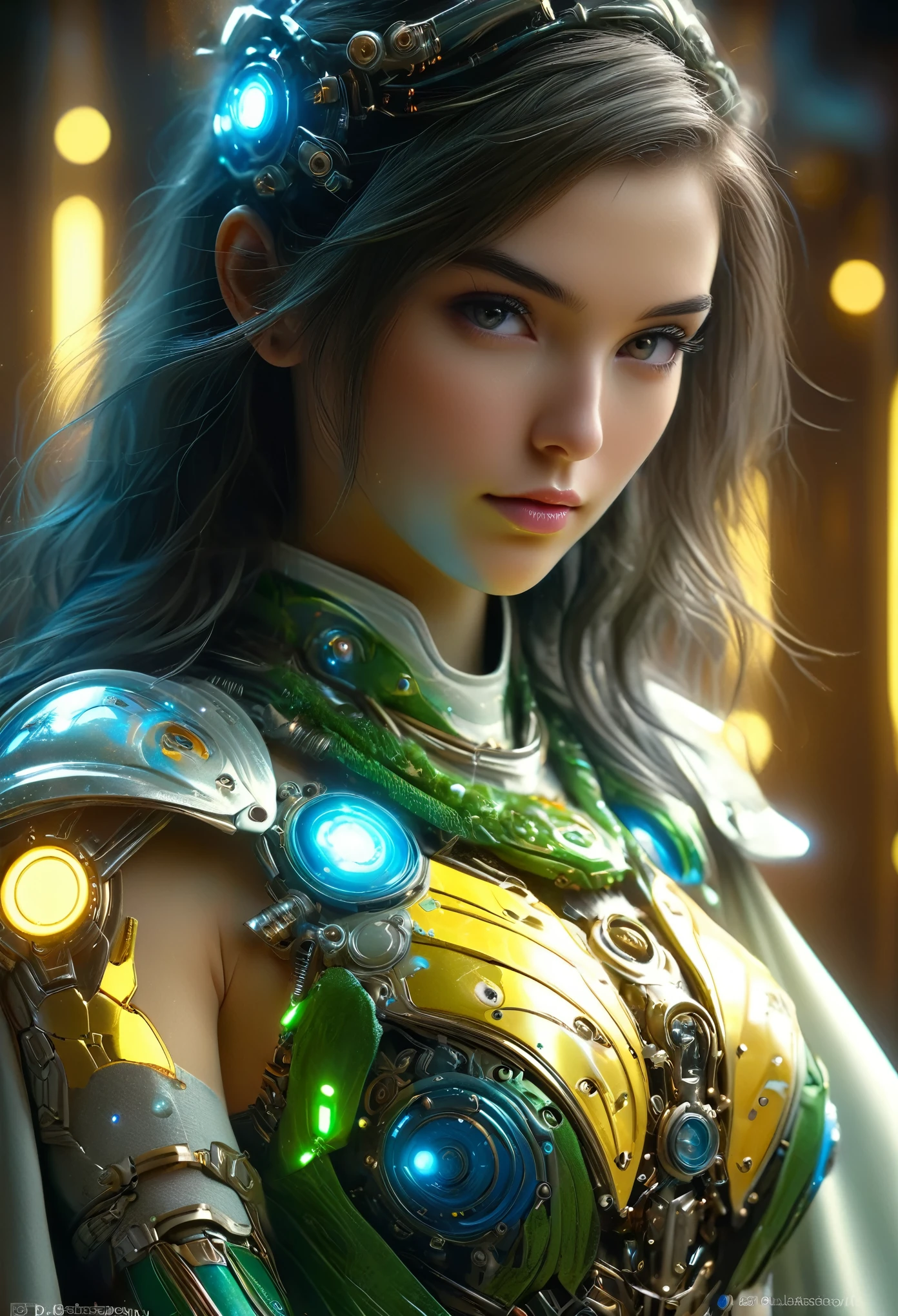 (Best Quality, 4K, 8K, High Resolution, Masterpiece: 1.2), (Super Detailed, Realistic, Photorealistic:1.37), A woman in futuristic clothing, (erotic and sexy:1.4), Trending on cgstation, Trending on cgstation, (Portrait of a girl in the Knights of the Zodiac:1.4), (blunt bangs:1.7), Cute Cyborg Girl, Perfect android girl, Portrait Astronaut Girl, Beautiful girl cyborg, Girl wearing iridescent green yellow and blue and white mechanical cyber armor, Game CG, cgsociety and fenghua zhong, Beautiful Cyborg Shrine Maiden, Bioluminescence, (Gal Gadot:0.6), Anatomically correct grip, Anatomically correct four fingers and one thumb, (long claws:1.4), erotic and sexy, A gorgeous cape with beautifully detailed embroidery, energy ball