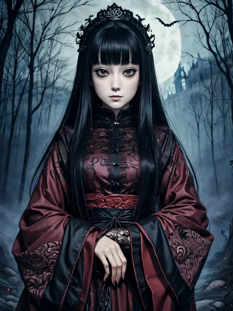 a beautiful and enchanting girl painting, countless monsters are squirming behind me.、anxious, spooky, dark, noble,suspicious、wr...