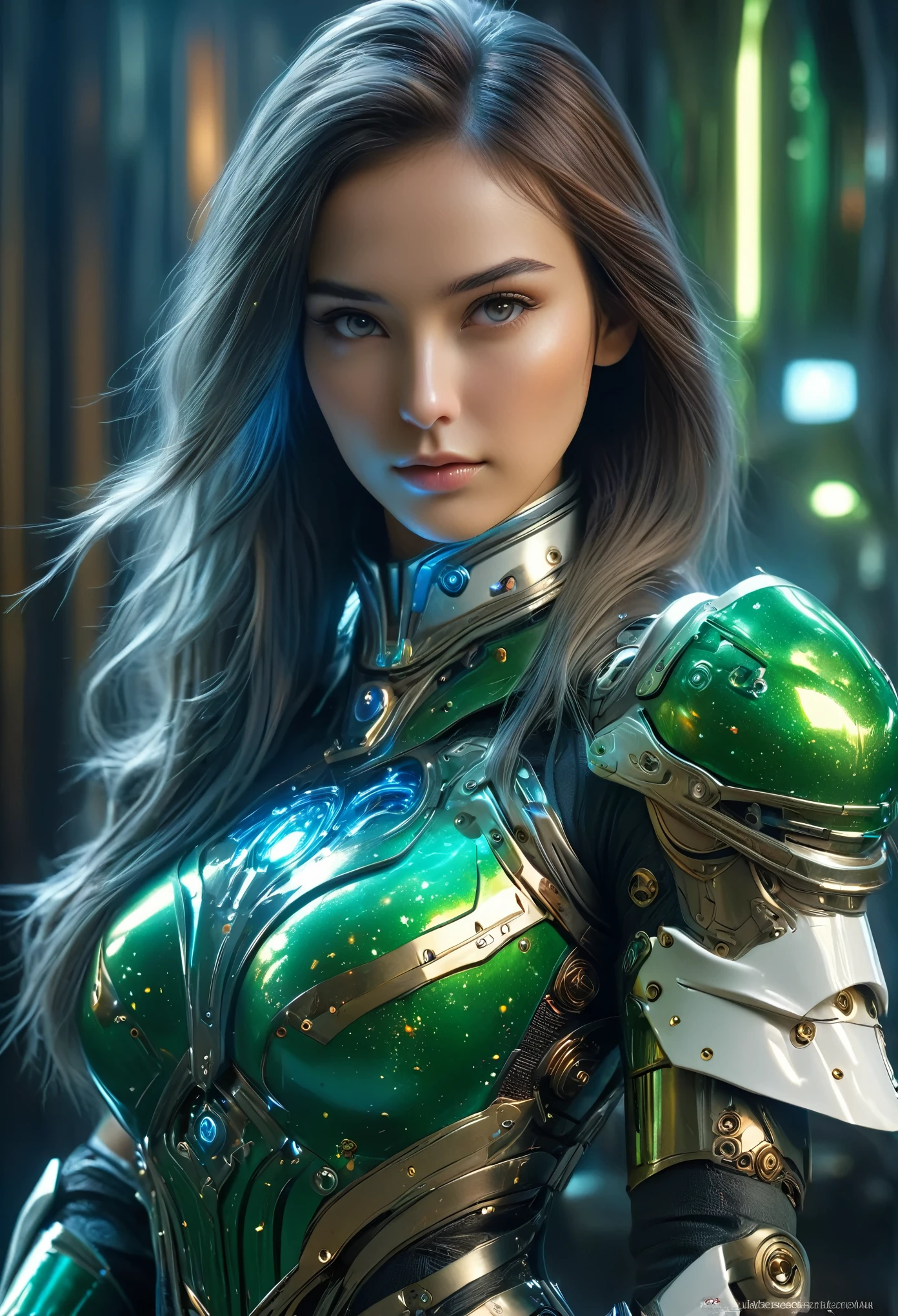 (Best Quality, 4K, 8K, High Resolution, Masterpiece: 1.2), (Super Detailed, Realistic, Photorealistic:1.37), A woman in futuristic clothing, (erotic and sexy:1.4), Trending on cgstation, Trending on cgstation, (Portrait of a girl in the Knights of the Zodiac:1.4), (blunt bangs:1.7), Cute Cyborg Girl, Perfect android girl, Portrait Astronaut Girl, Beautiful girl cyborg, Girl wearing iridescent green and blue and white mechanical cyber armor, Game CG, cgsociety and fenghua zhong, Beautiful Cyborg Shrine Maiden, Bioluminescence, (Gal Gadot:0.6), Anatomically correct grip, Anatomically correct four fingers and one thumb, (long claws:1.4), erotic and sexy, A gorgeous cape with beautifully detailed embroidery, energy ball