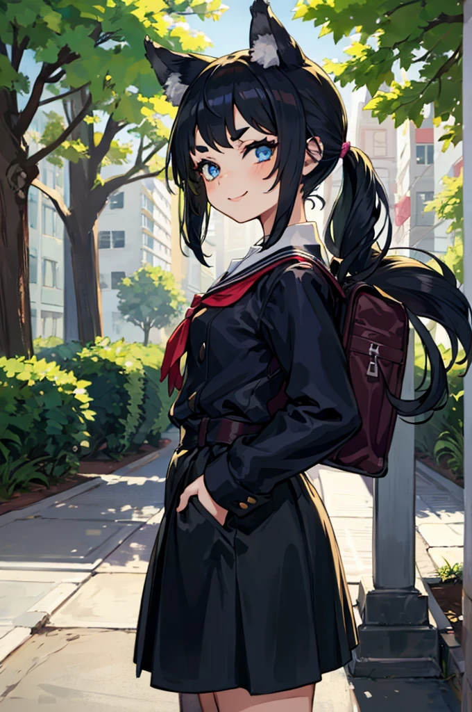 Young girl with black hair, long twintail, twintail hairstyle, (blue eyes), ((small bushy eyebrows)), (wolf ears up), wearing gothic lolita, lolicon clothes, going to school, dull eyes, dull face, going to school, flirtatious smile, small and perky breasts, in a park, wide hips, 