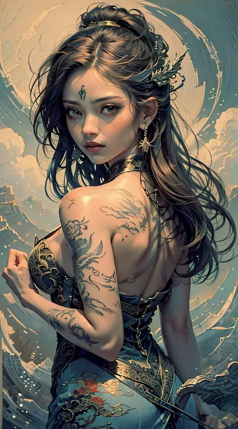 (best quality,a high resolution,ultra - detailed,actual:1.3 likes,one lady&#39;came back，tattoo all over body，there is a dragon ...