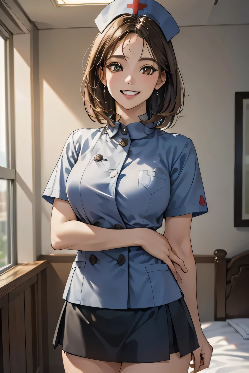 1 female, 40 years old, (Nurse cap, Nurse uniform and mini skirt), masterpiece, Grin, (very tanned and shiny skin), Big Breasts, photoRealistic, Realistic, alone, photoRealistic, Highest quality, Ultra-high resolution, Yura S, Outdoor, colorful,  Daytime setting, beautiful, masterpiece, Highest quality, Very detailedな顔, Perfect lighting, Ultra-high resolution, Very detailed, (background: Hospital room)