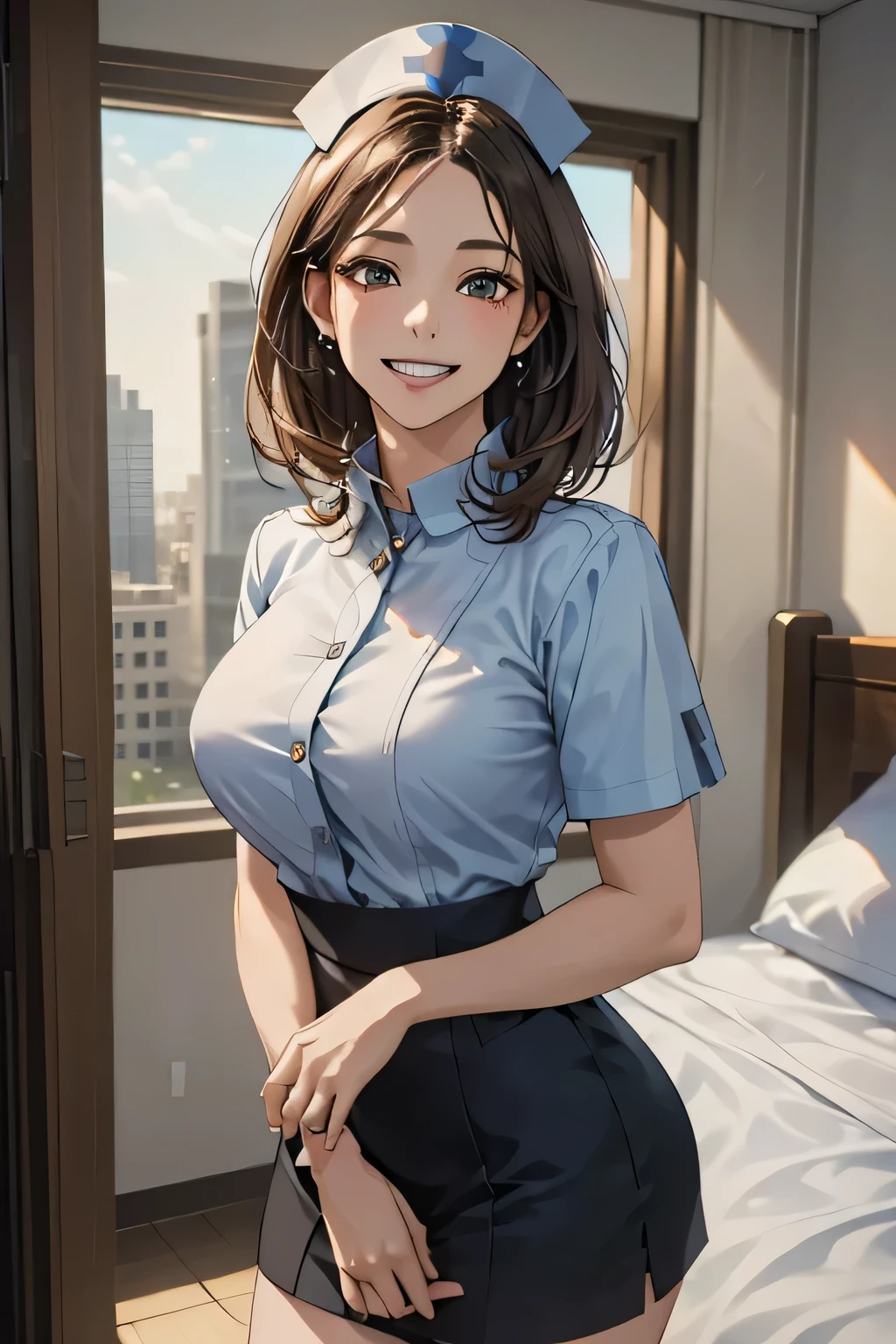 1 female, 40 years old, (Nurse cap, Nurse uniform and mini skirt), masterpiece, Grin, (very tanned and shiny skin), Big Breasts, photoRealistic, Realistic, alone, photoRealistic, Highest quality, Ultra-high resolution, Yura S, Outdoor, colorful,  Daytime setting, beautiful, masterpiece, Highest quality, Very detailedな顔, Perfect lighting, Ultra-high resolution, Very detailed, (background: Hospital room)