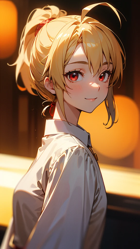 1 person、Sharp focus、(Bokeh) (Highest quality) (Detailed skin:1.3) (Intricate details) (anime)、 Blonde ponytail、Ahoge、Beautiful red eyes、smile、Ethnic patterned white shirt、Slender body、From the side、Upper body close-up、Golden hour sky